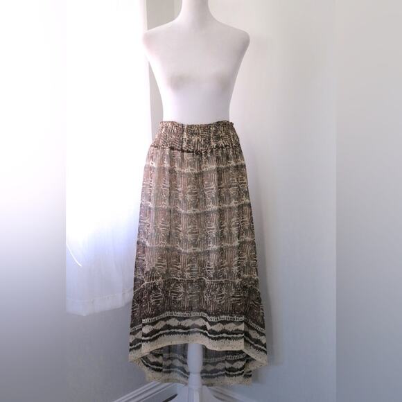 Brown & Cream Abstract Print Elastic Waist High Low Midi Skirt - Picture 1 of 7